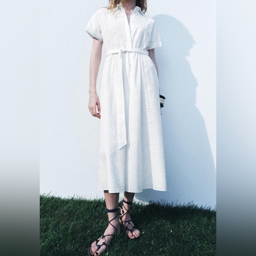 Zara Elegant White Eyelet Shirt Dress Belted Short Sleeve Beach Resort Brunch XS